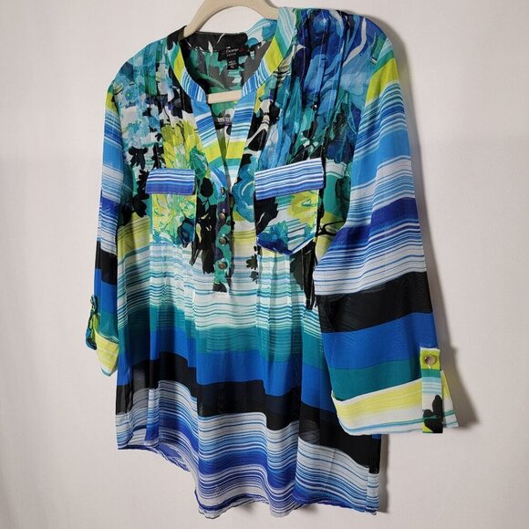 Cocomo Womens Blue Floral Striped Artsy 3/4 Sleeves Sheer Top Petite Large - Picture 3 of 9
